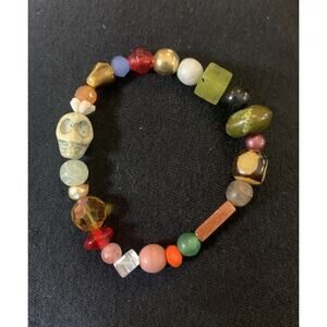 Multi-color Mixed Art Glass & Other Beads With A Skull Stretch Bracelet